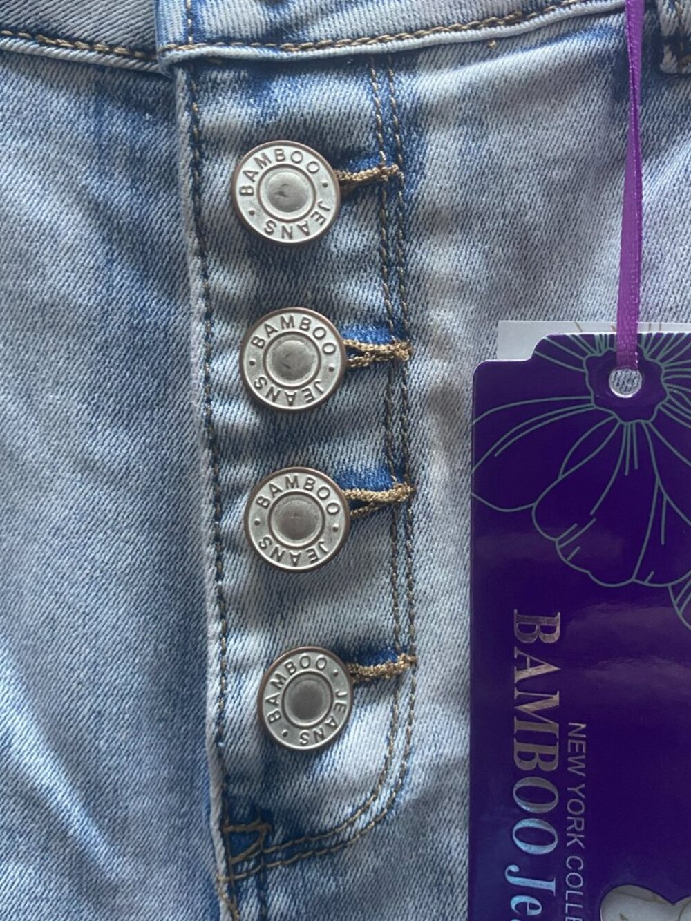 NWT Bamboo Button Fly Flare Jeans Raw Hem Medium Wash Denim Juniors Size 15 - Picture 3 of 12